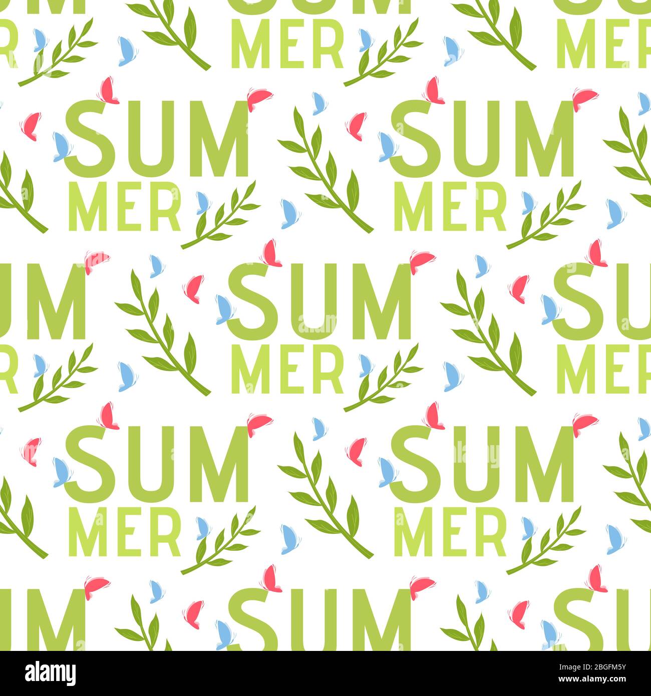 Summer Word Seamless Pattern in Natural Style. Holidays and Vacation, Rest and Recreation Theme. Flat Vector Illustration with Letter, Plants Leaves, Stock Vector