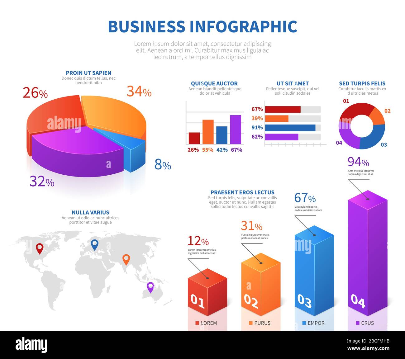 Business abstract infographics with 3d pie info char and graph bar. Business chart and diagram report info, infochart layout. Vector illustration Stock Vector