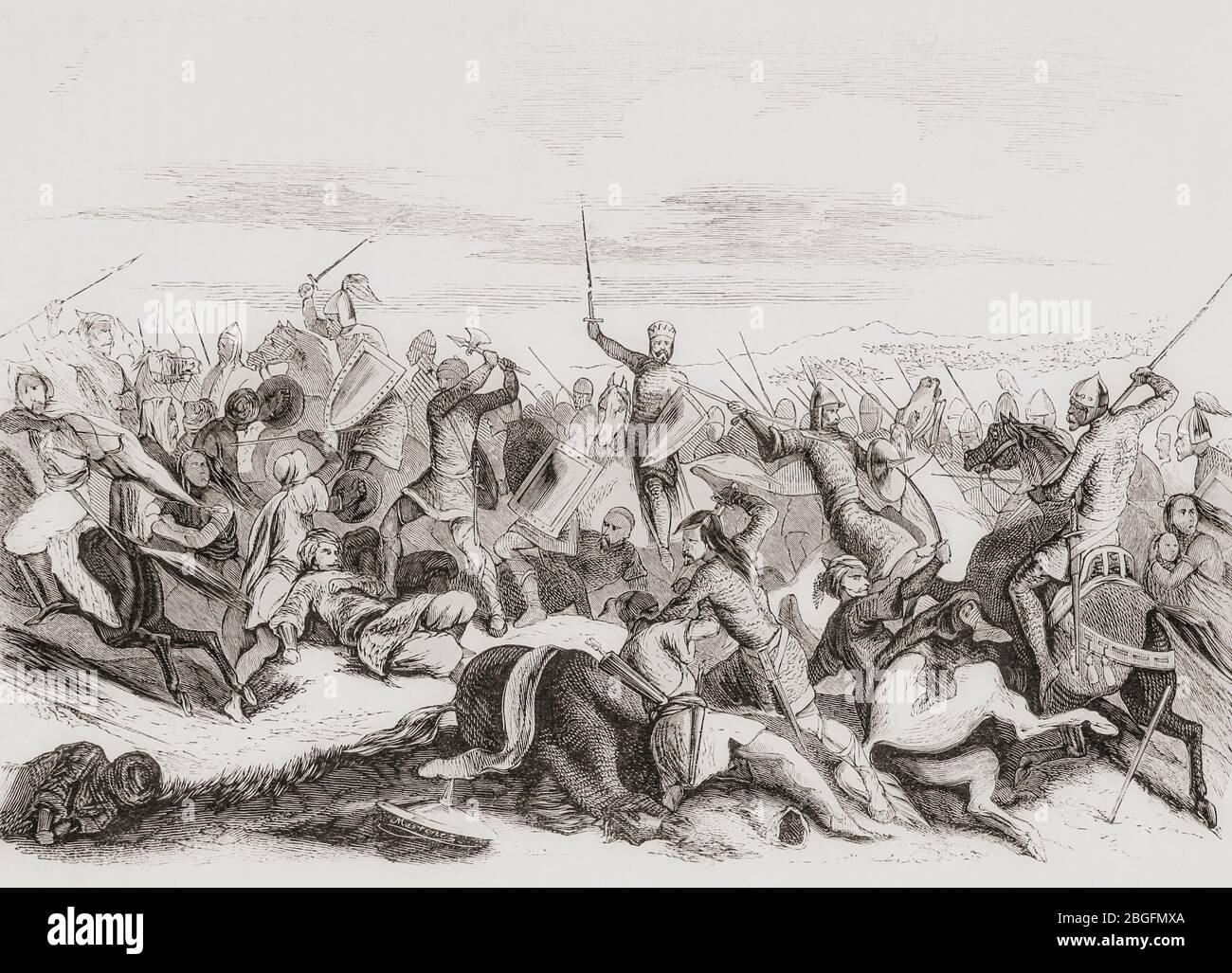 King Ramiro II of Leon defeats Abd-al-Rahman III in the Battle of Simancas, 939 AD.  From Las Glorias Nacionales, published in Madrid and Barcelona, 1852. Stock Photo