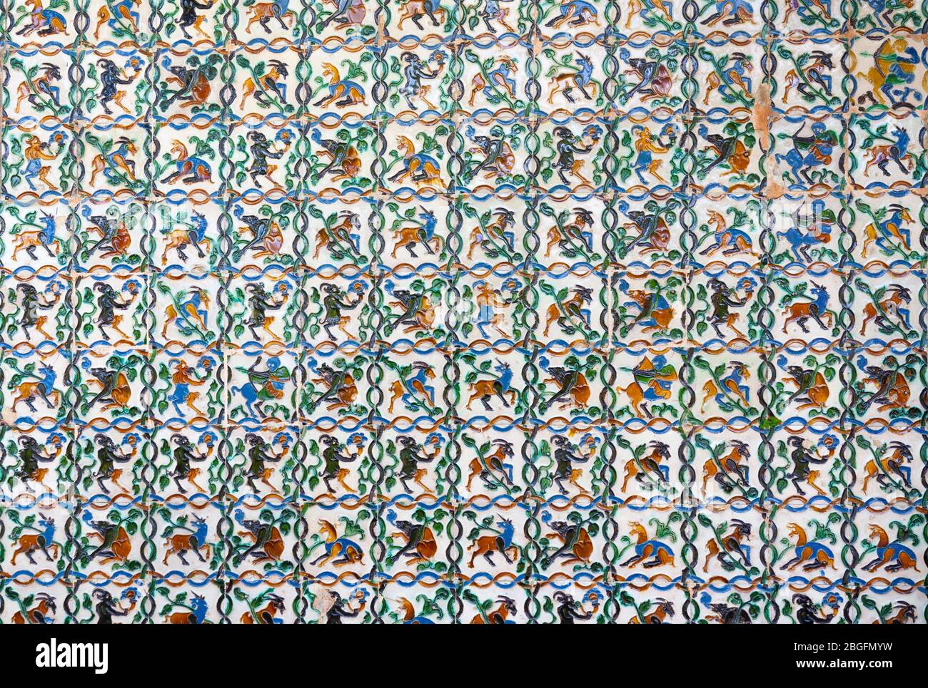 Ceramic wall tiles in Real Alcazar palace, Seville, Andalusia, Spain Stock Photo