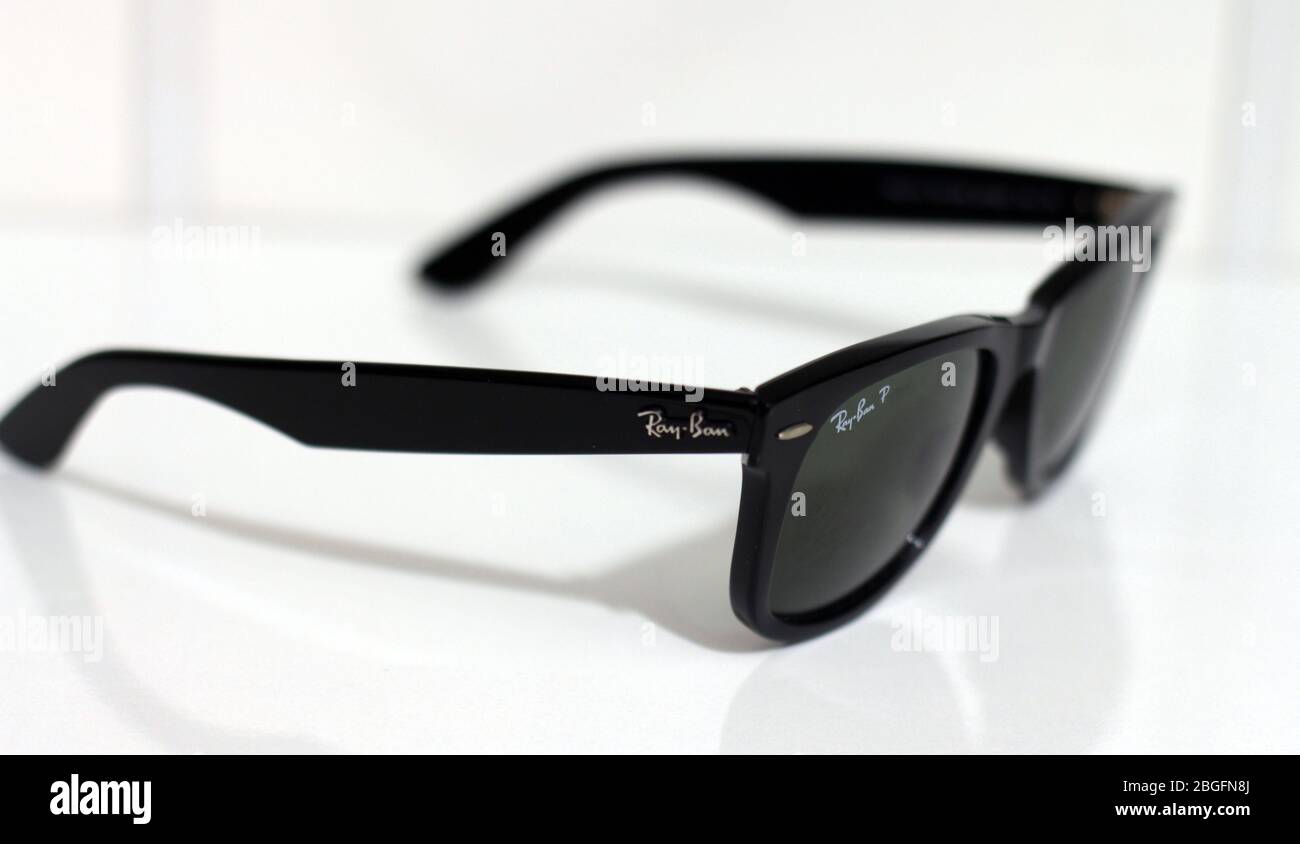 Ray Ban Wayfarer Iconic Model Polarized Sunglasses White Background Close Up Stock Photo Alamy