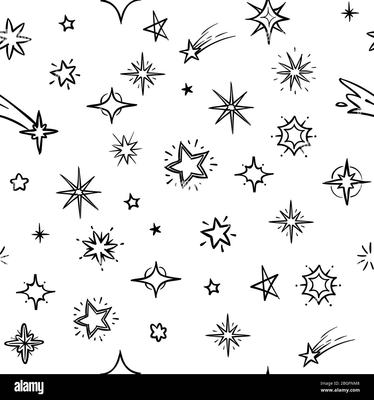 Hand drawn sky with doodle stars vector seamless background. Grunge outer space repeating pattern. Seamless sky star pattern sketch monochrome illustration Stock Vector