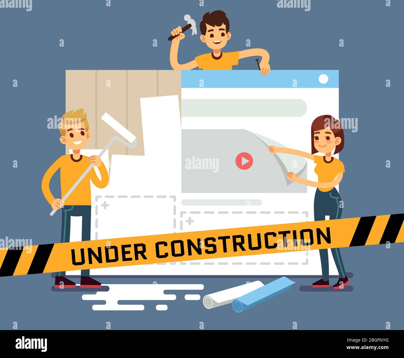 Website under construction vector cartoon concept with web designers. Web site under construction page, illustration of internet construct and development Stock Vector