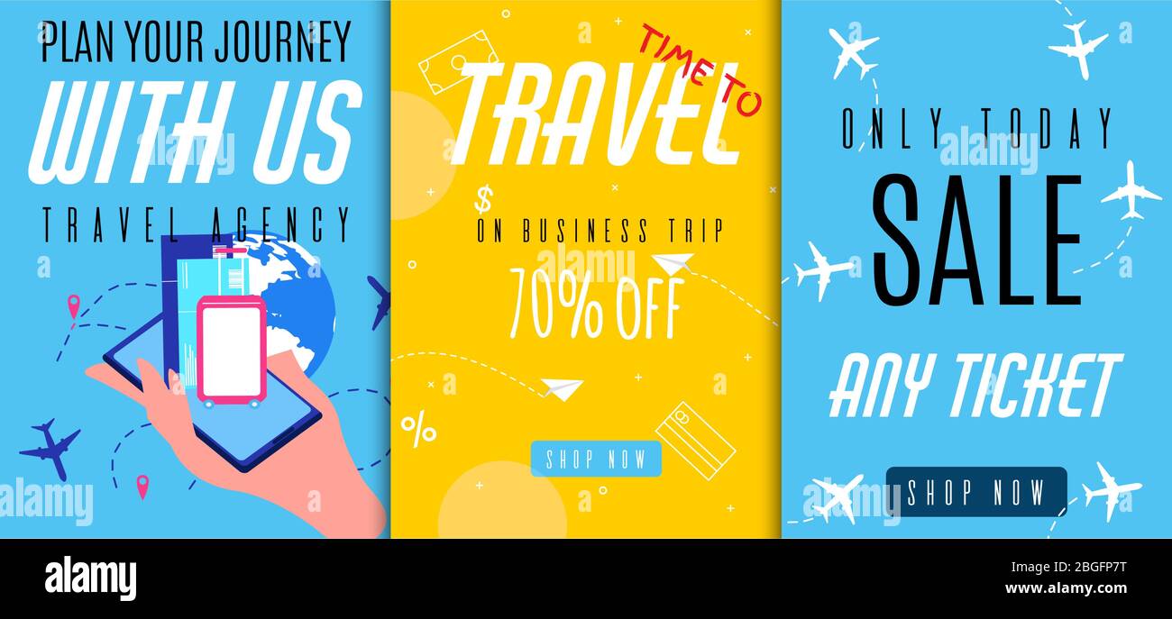 Flyers Set Offers Business Trip and Journey Sales. Best Tours Proposition. Travel Agency