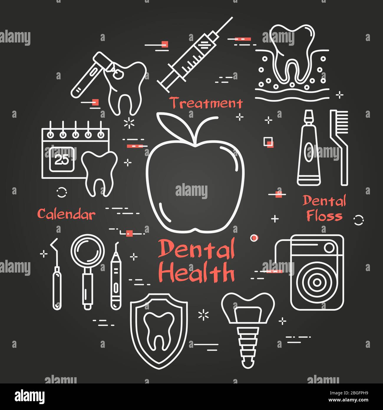 Vector black line round concept apple dental health Stock Vector