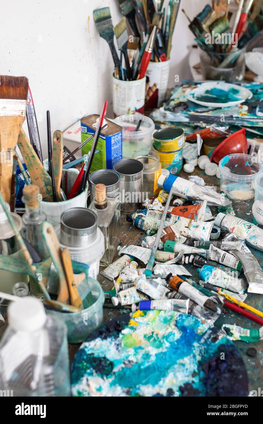 Paints in an artist studio. Stock Photo