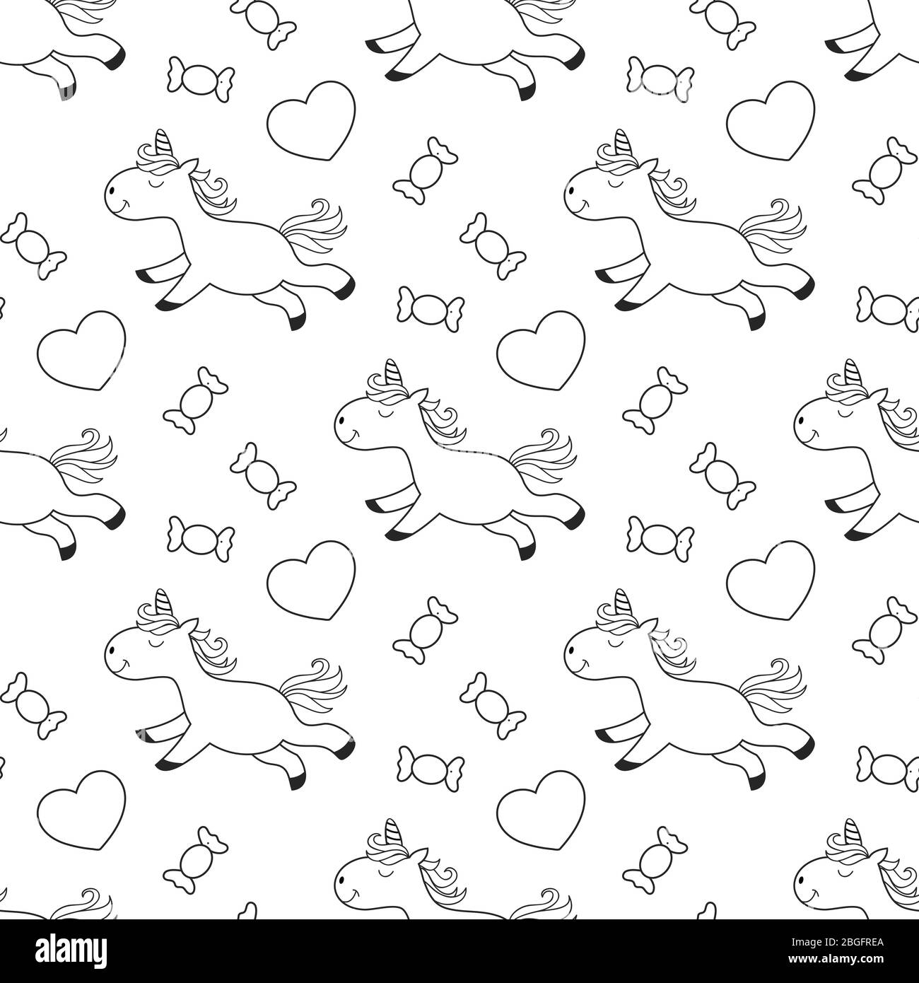 Unicorn coloring page pattern background with sweets for kids. Vector illustration Stock Vector