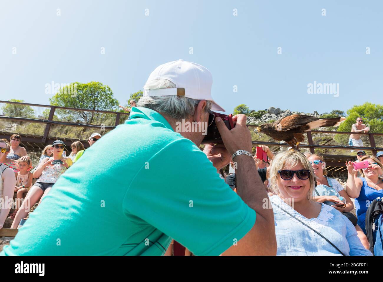 MALAGA, SPAIN - SEPTEMBER 7, 2016: Photographer taking picture of smiling woman at Birds of Prey Exhibition Show in in Costa del Sol at Benalmadena Stock Photo