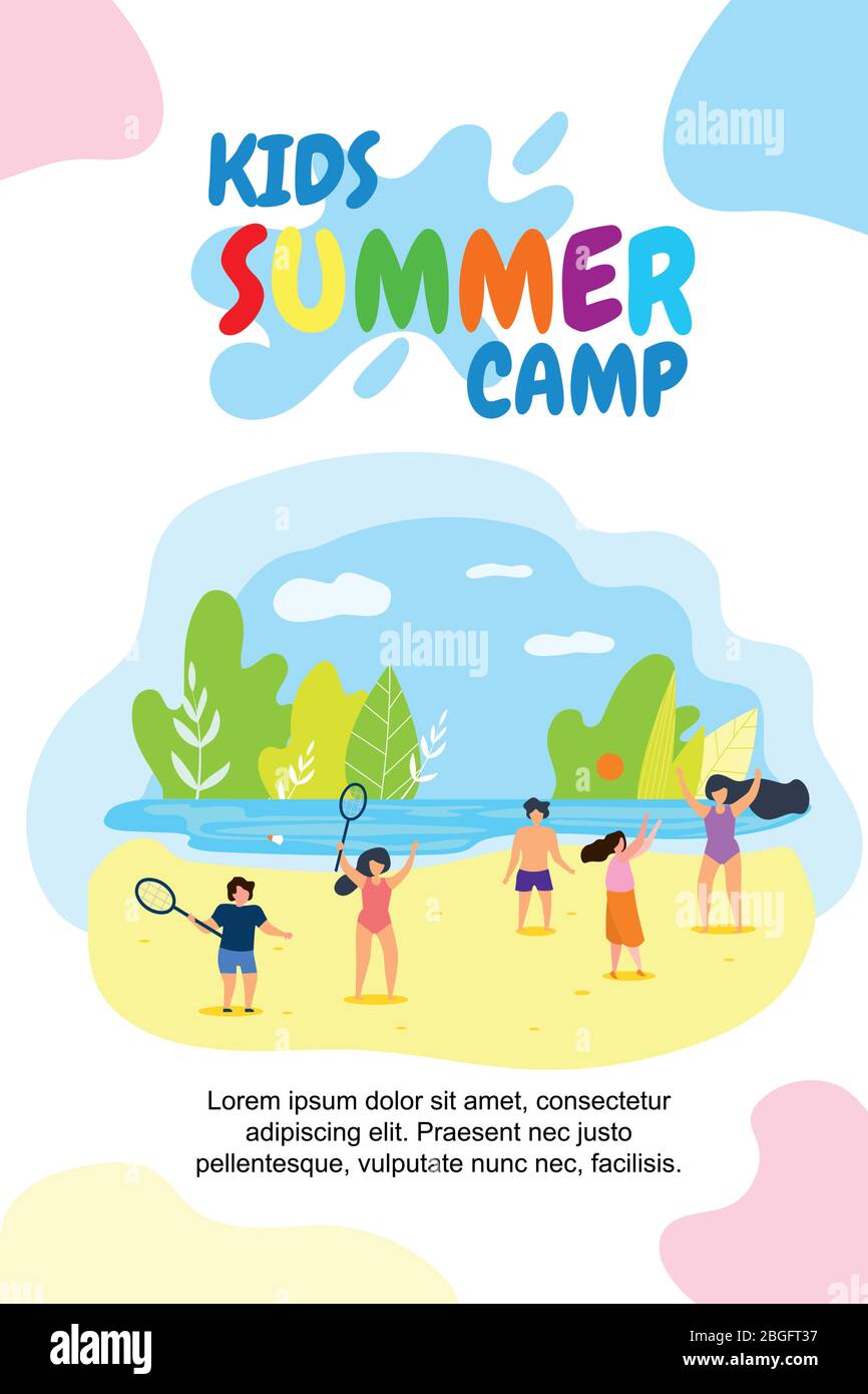 Vertical Flat Banner Kids Summer Camp Holidays. Vector Illustration on Background Blue Sky and White Clouds. Teenagers by Lake or River Play Ball. Sum Stock Vector