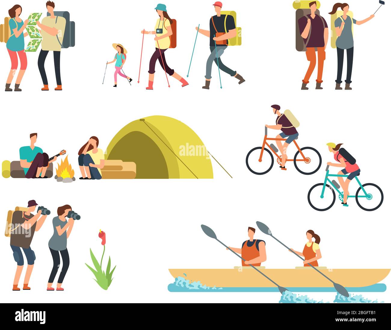 Active people hikers. Cartoon travelling family outdoor. Hiking and trekking tourists vector characters isolated. Illustration of family travel, trekking and adventure Stock Vector