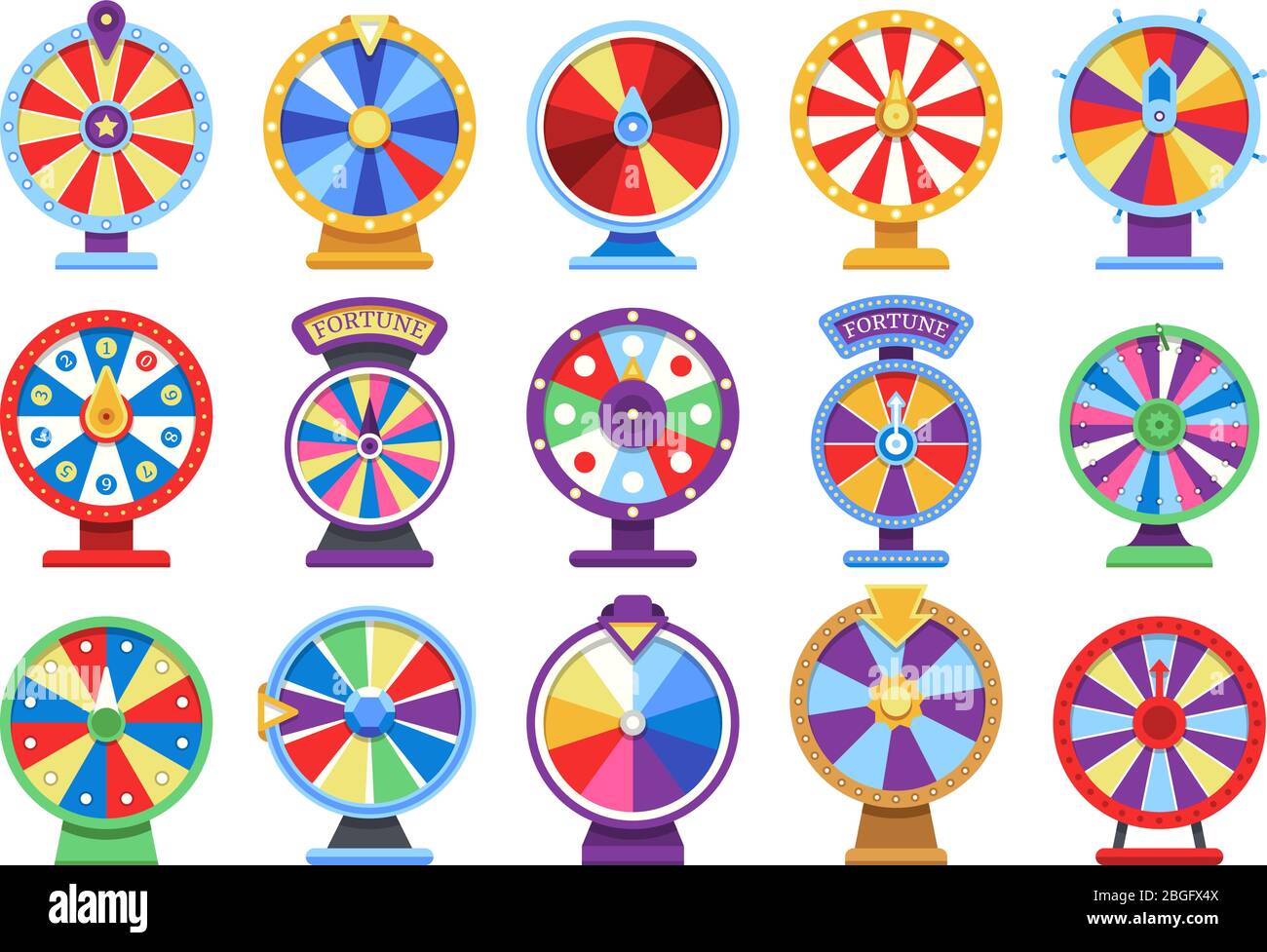 Fortune wheels flat icons set. Spin lucky wheel casino money game symbols. Fortune wheel game, gamble roulette play. Vector illustration Stock Vector
