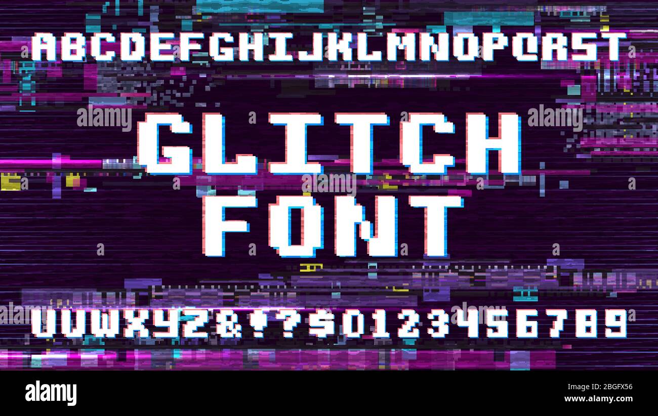 Retro pixel art font on display with tv noise glitch effect. Computer game vector alphabet. Abc noise pixel glitch, vector font digital illustration Stock Vector