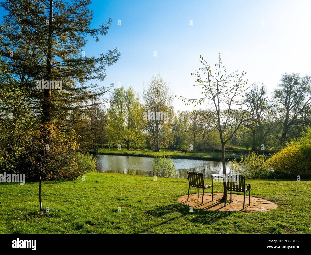 Two seats by a lake in the University Parks, Oxford, empty and silent during the Coronavirus / Covid-19 lockdown Stock Photo