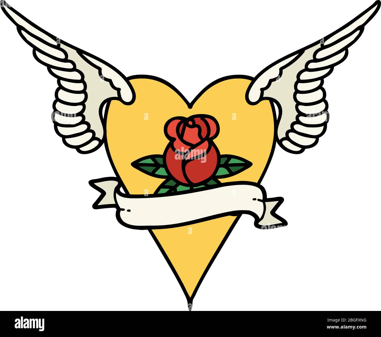 Tattoo In Traditional Style Of A Flying Heart With Flowers And Banner tattoo-in-traditional-style-of-a-flying-heart-with-flowers-and-banner