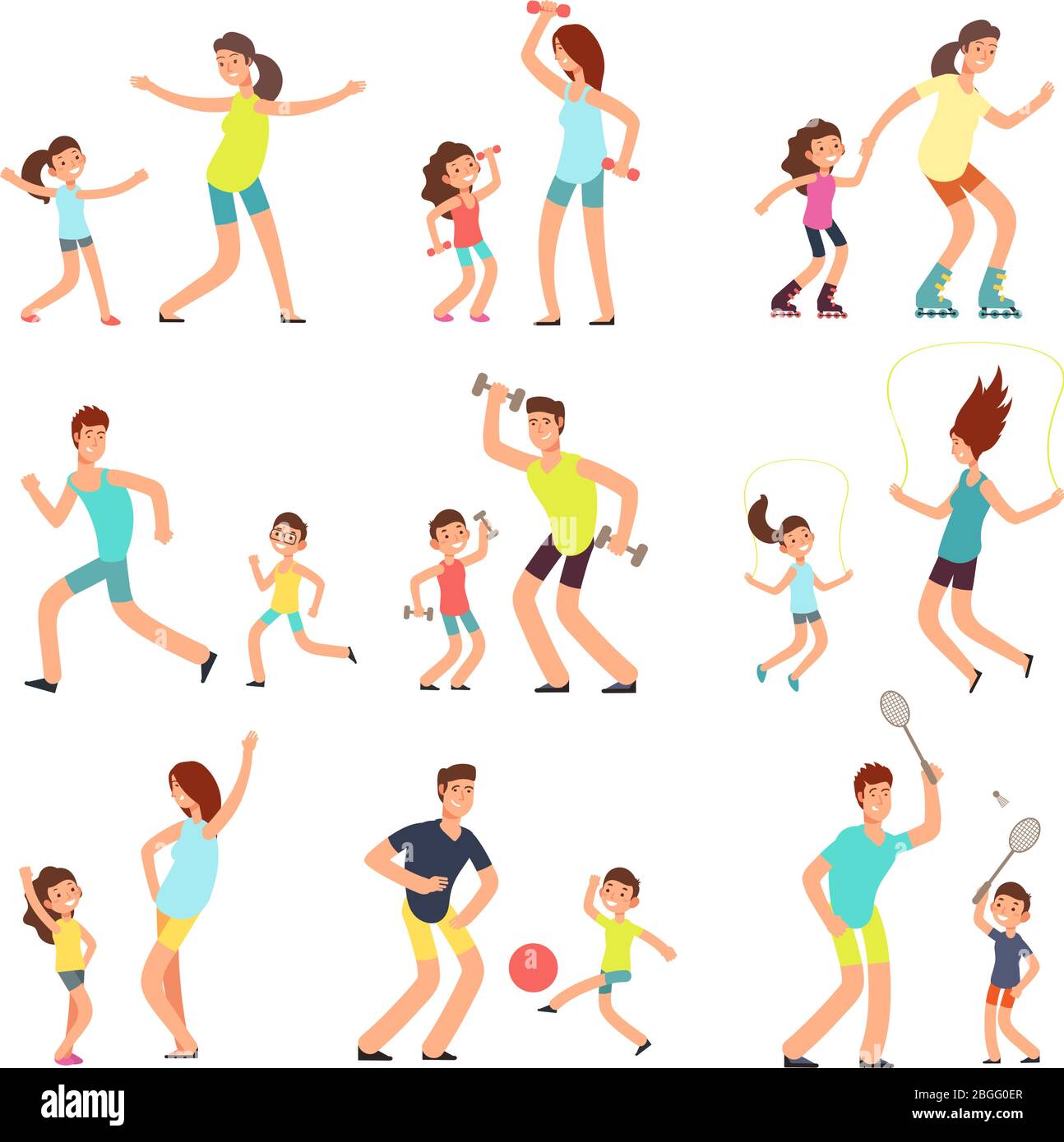 Fitness family, parents and kids training together. Active families doing sports exercise vector flat people isolated. Illustration of sport lifestyle parent with children Stock Vector