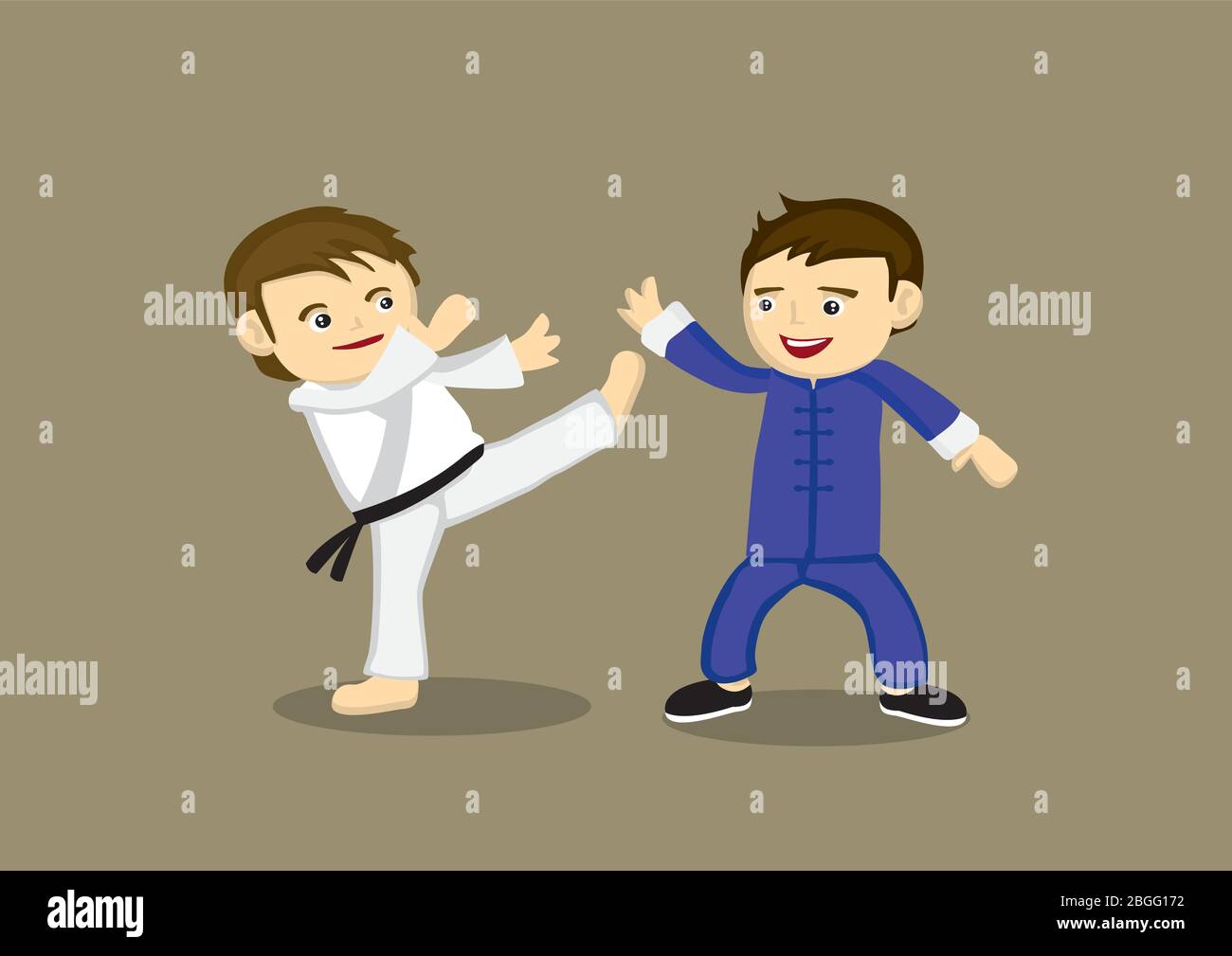 Cute cartoon characters fighting in different martial arts style, Japanese Karate high kick and Chinese Kung fu. Vector illustration isolated on plain Stock Vector