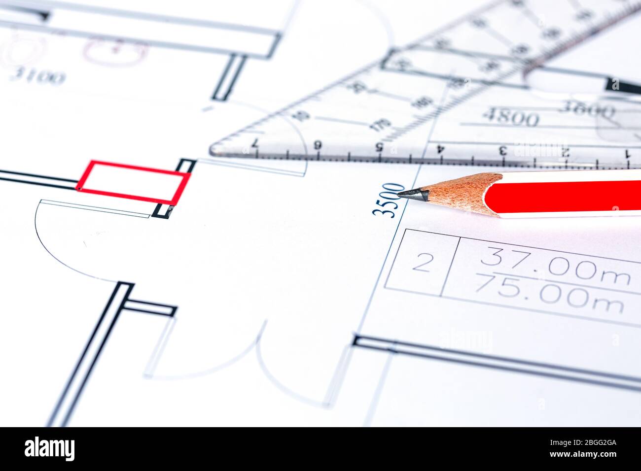 Engineering and architectural drawing, red pencil, background Stock Photo