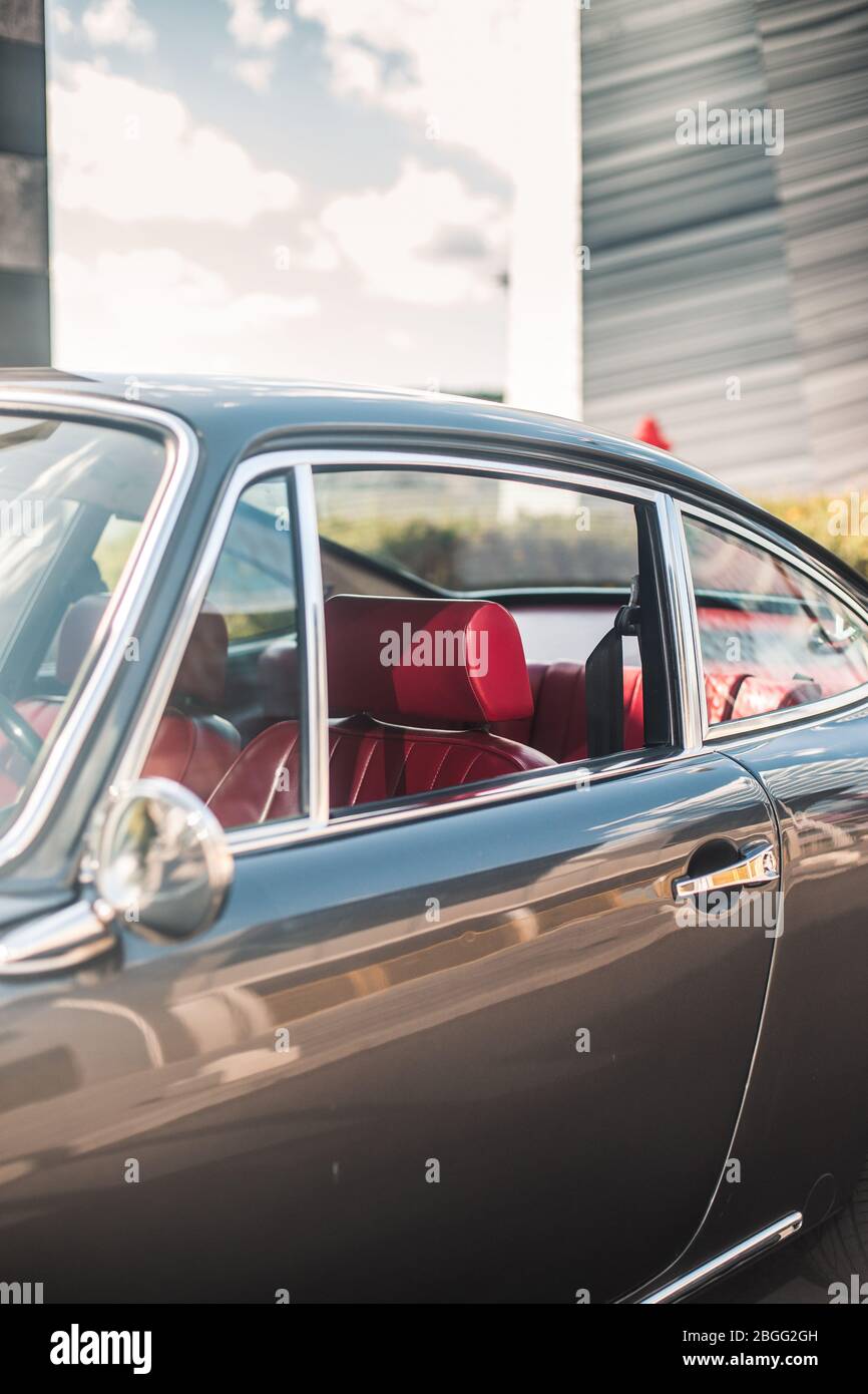 Vintage car in the motorshow, red interior and seats Stock Photo