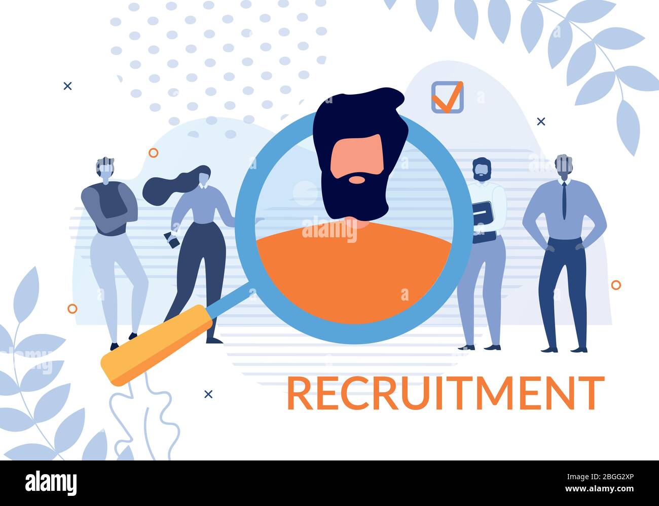 Recruitment Banner with People Search Candidate. Business Team Found Best Resume. Bearded Male Potential Employee Face Reflected in Huge Magnifying Gl Stock Vector