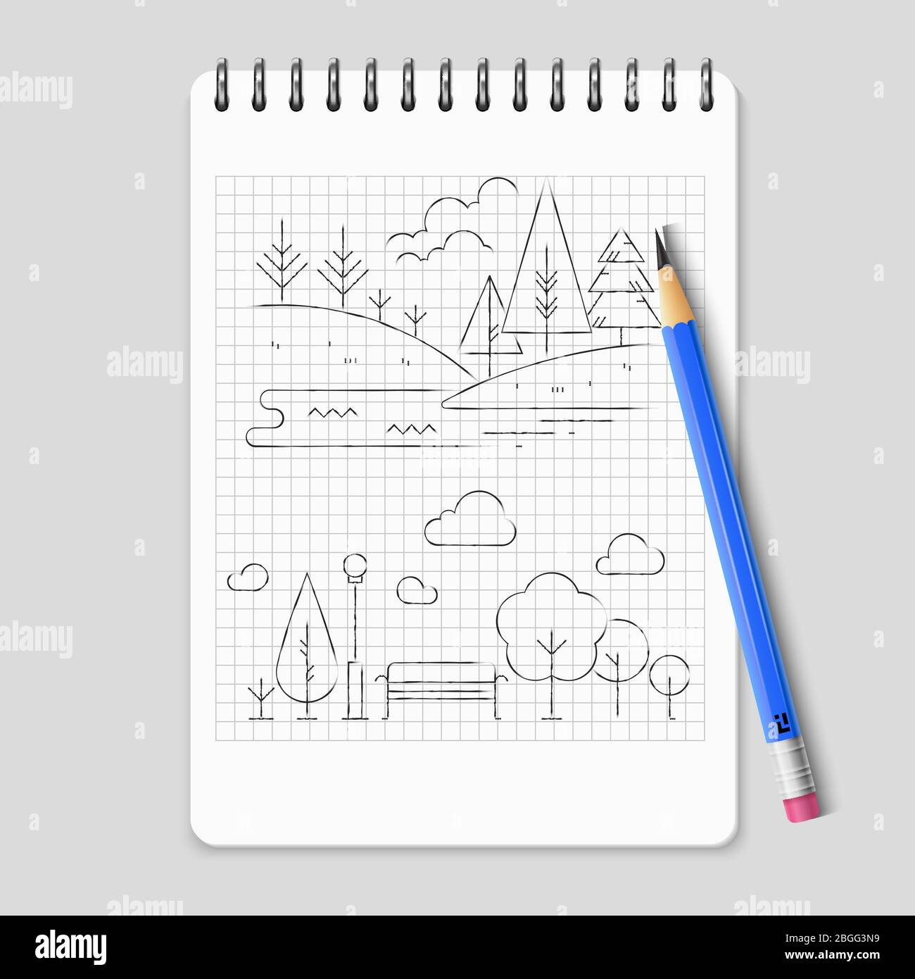 Pencil drawing nature landscape outline vector. Illustration of landscape tree and field scene sketchy Stock Vector