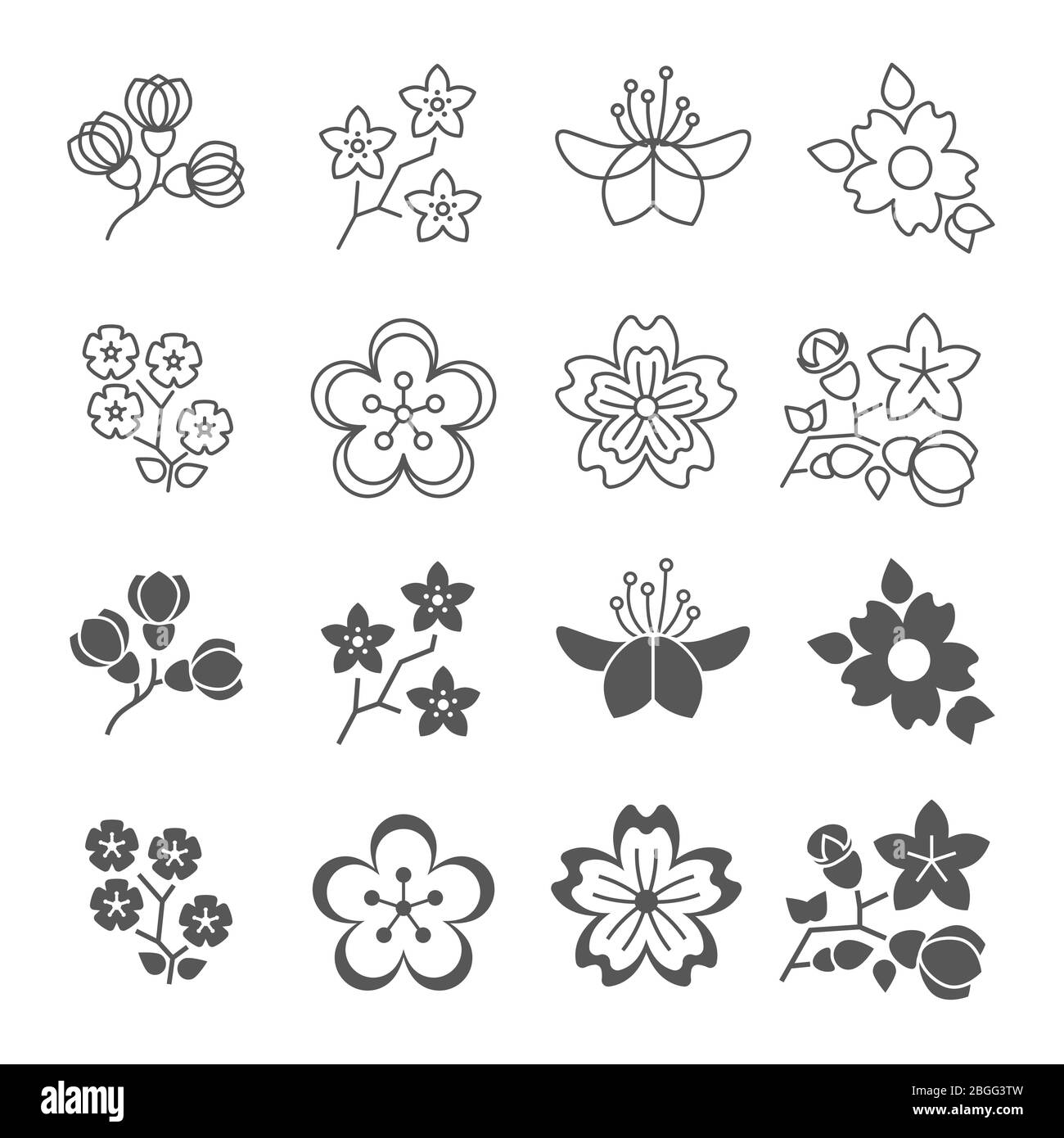 Spring blossom flowers line and silhouette icons set. Blossom plant flower spring, floral nature bloom, vector illustration Stock Vector