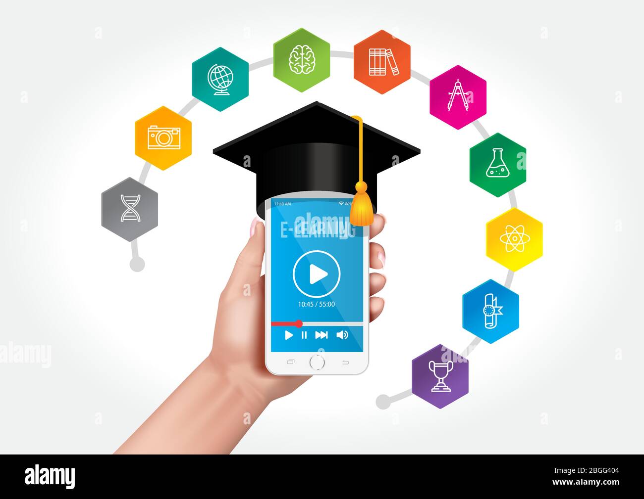 Internet network on your smartphone as a knowledge base. The concept of e-learning. Stock Vector