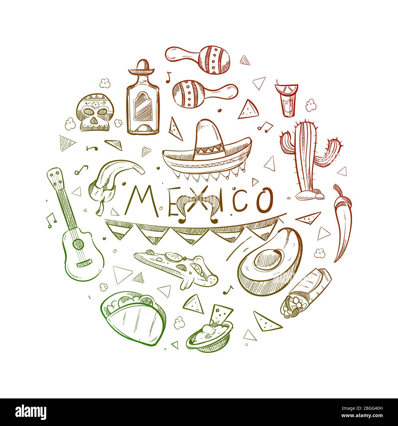 Hand drawn mexican symbols - sketch mexico logo or emblem, vector illustration Stock Vector