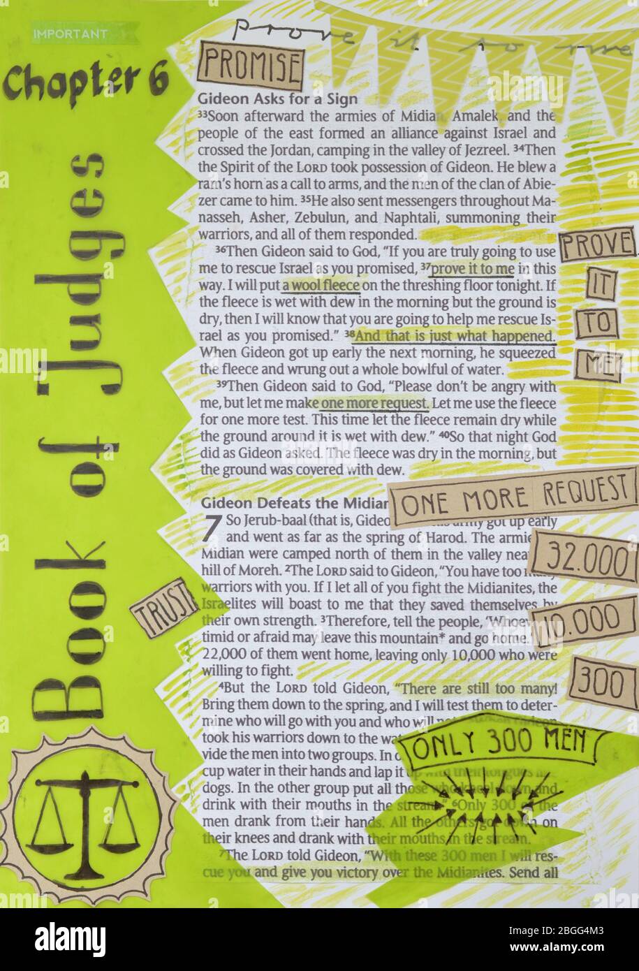 judges: bible art journaling  - creative colorful selfmade illustrating marking shaping of bible passages to become aware and keep in mind Gods word Stock Photo