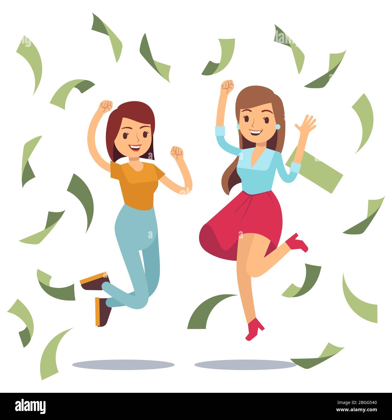 Happy successful housewifes in money rain. Happy jumping women and money. Falling money banknote, vector money cash illustration Stock Vector