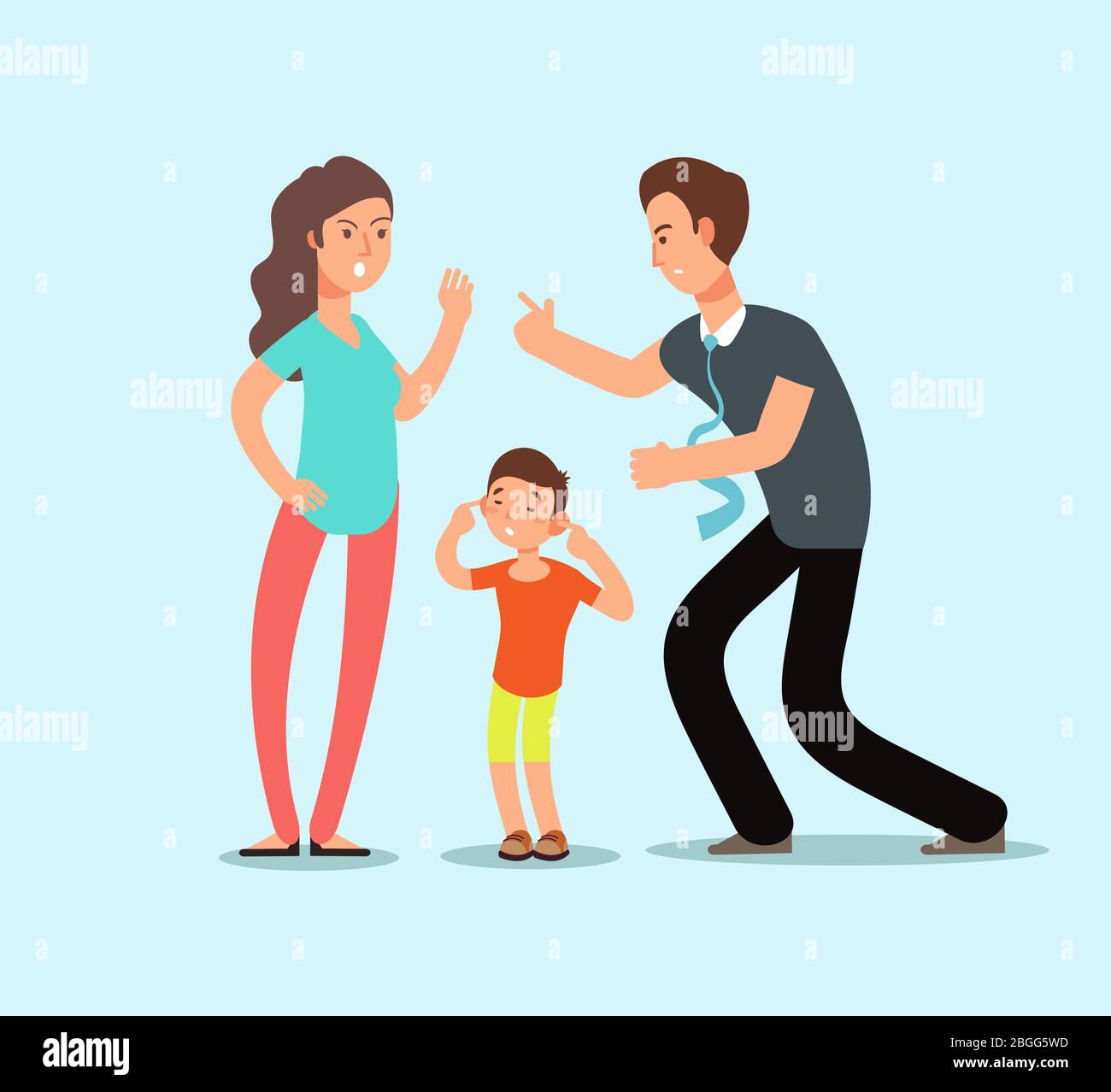 Angry husband and wife swear in presence of unhappy scared kid. Family conflict vector cartoon concept. Illustration of man and woman divorce Stock Vector