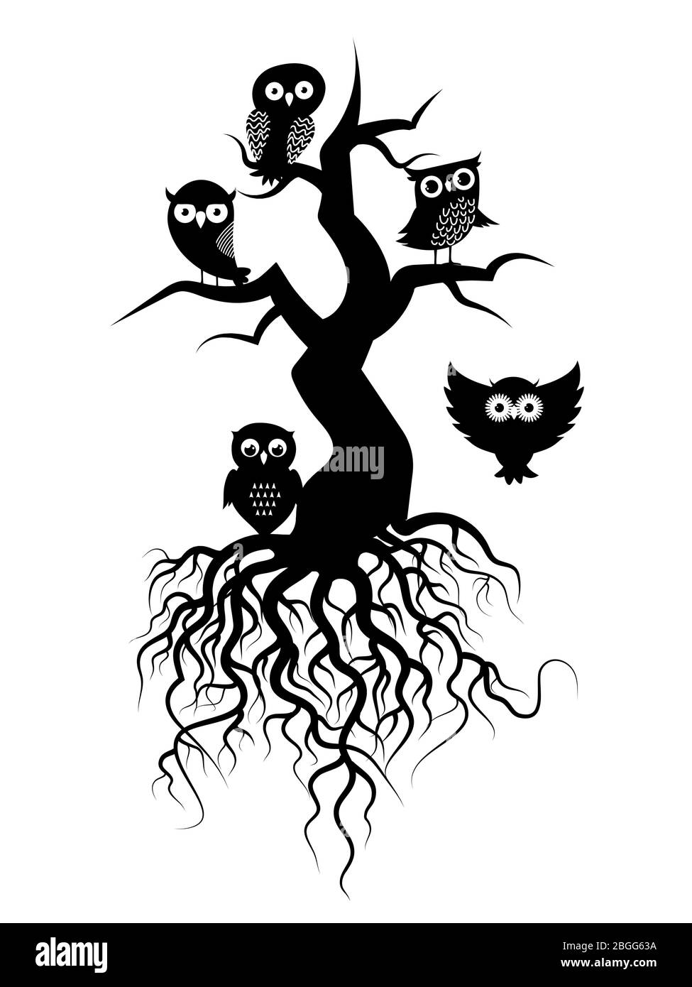 Old tree vector black silhouettes with roots and owls on white illustration Stock Vector