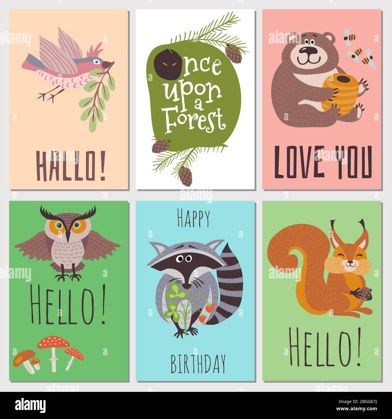 Once upon forest cards collection. Cute animals kids cards. Vector forest animal bear and owl on card illustration Stock Vector