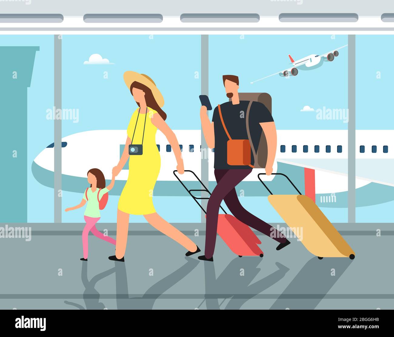 Traveling family with luggage in airpor terminal. People on vacation vector cartoon concept. Family vacation and travel, people in airport with suitcase illustration Stock Vector