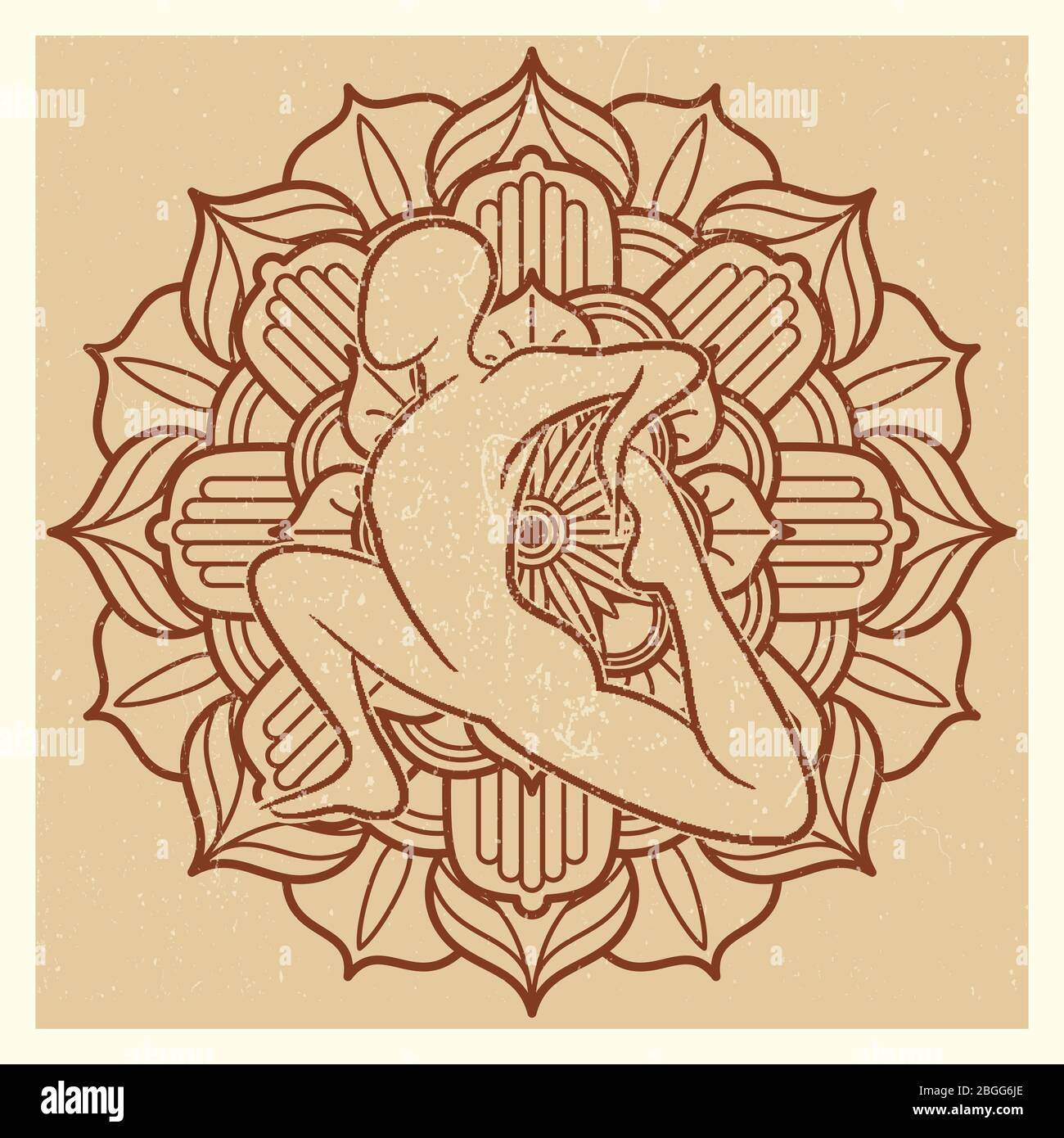 Yoga grunge background. Oriental flower mandala with asana silhouette. Vector illustration Stock Vector