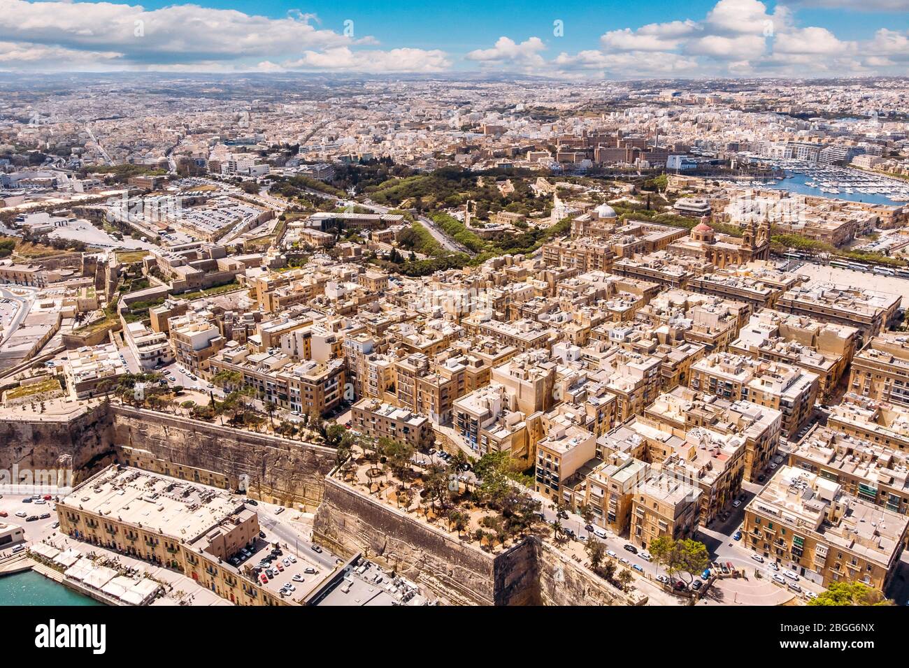 Valletta capital city of Malta. Panorama port and blue sea. Aerial top ...