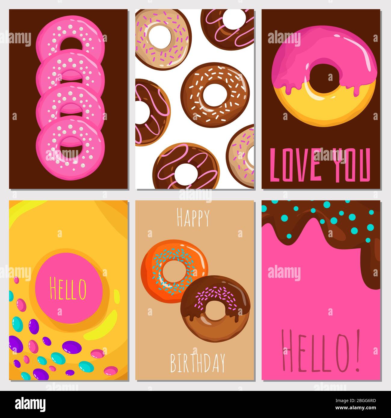 Sweet colored cartoon donuts cards of collection. Vector flat illustration Stock Vector