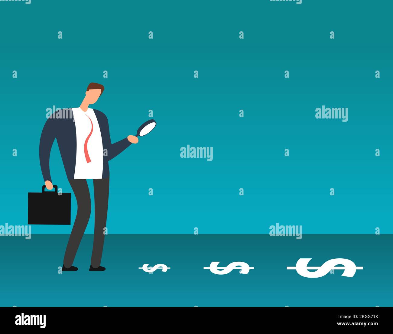 Businessman with magnifying glass looking at dollar symbols. Searching for profit business vector concept. Magnifying glass and dollar money profit, businessman discovery illustration Stock Vector