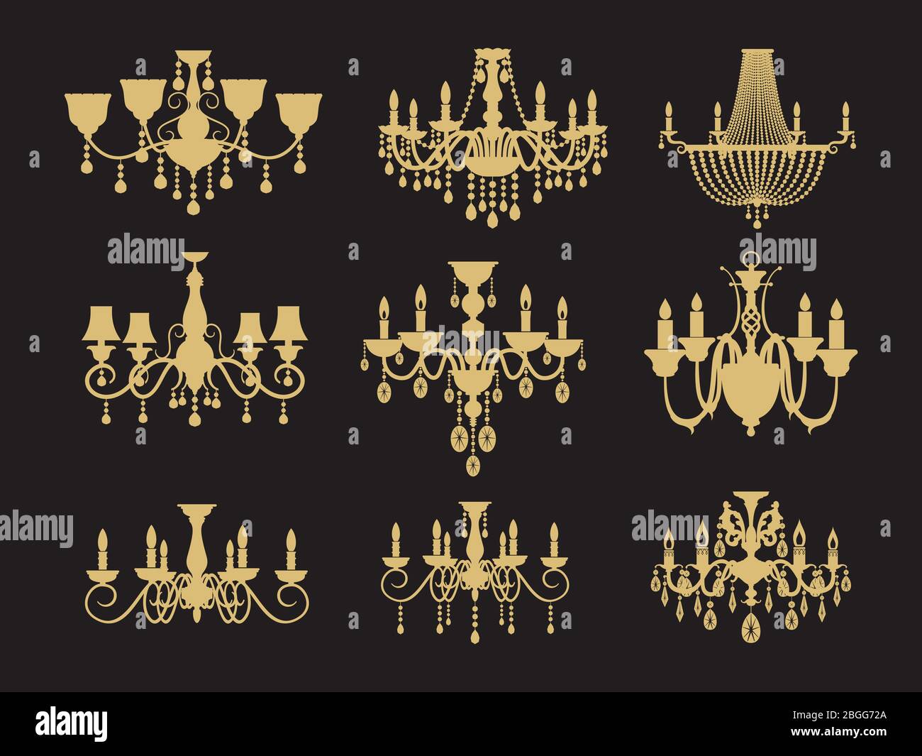 Set of vintage chandeliers isolated on black background. Vector lamp for interior, antique and luxury illustration Stock Vector