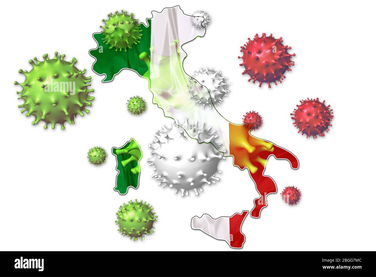 Covid-19 outbreak or new Coronavirus, 2019-nCoV, virus above Italian flag map. Covid 19-NCP virus: contagion and propagation of disease in Italy Stock Photo