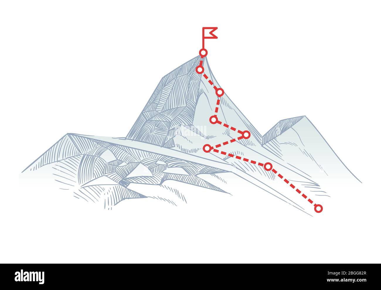 Mountain climbing route to peak. Business journey path in progress to success vector concept. Mountain peak, climbing route to top rock illustration Stock Vector