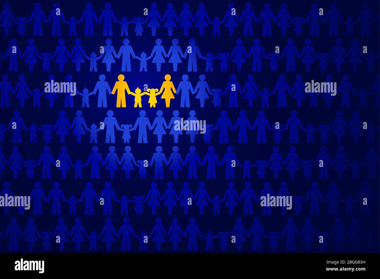 Traditional family image. Family holding hands, highlighted in yellow, in a crowd of people over dark blue. Symbolic family image. Stock Photo