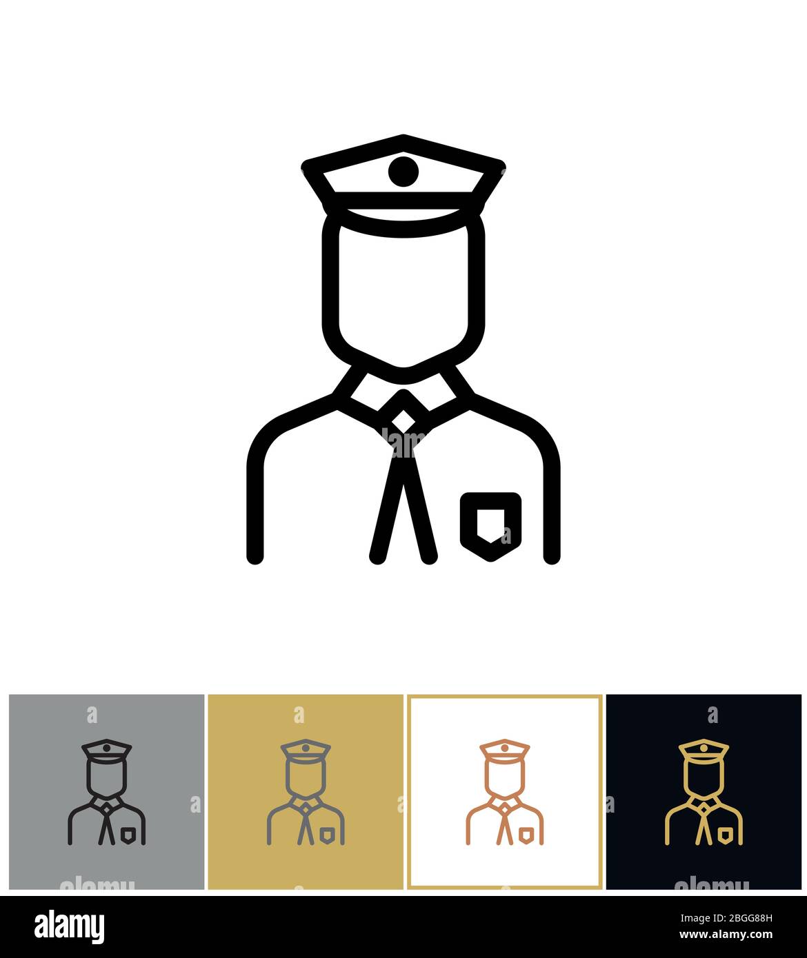 Policeman icon, police uniform man sign or security guard person on gold, black and white backgrounds vector illustration Stock Vector