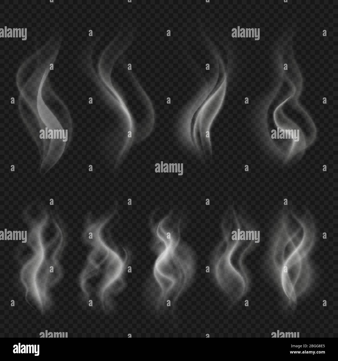 Grey hot smoke clouds. White transparent steam evaporation isolated vector effects. Vector motion steam fog, flow smoke effect illustration Stock Vector