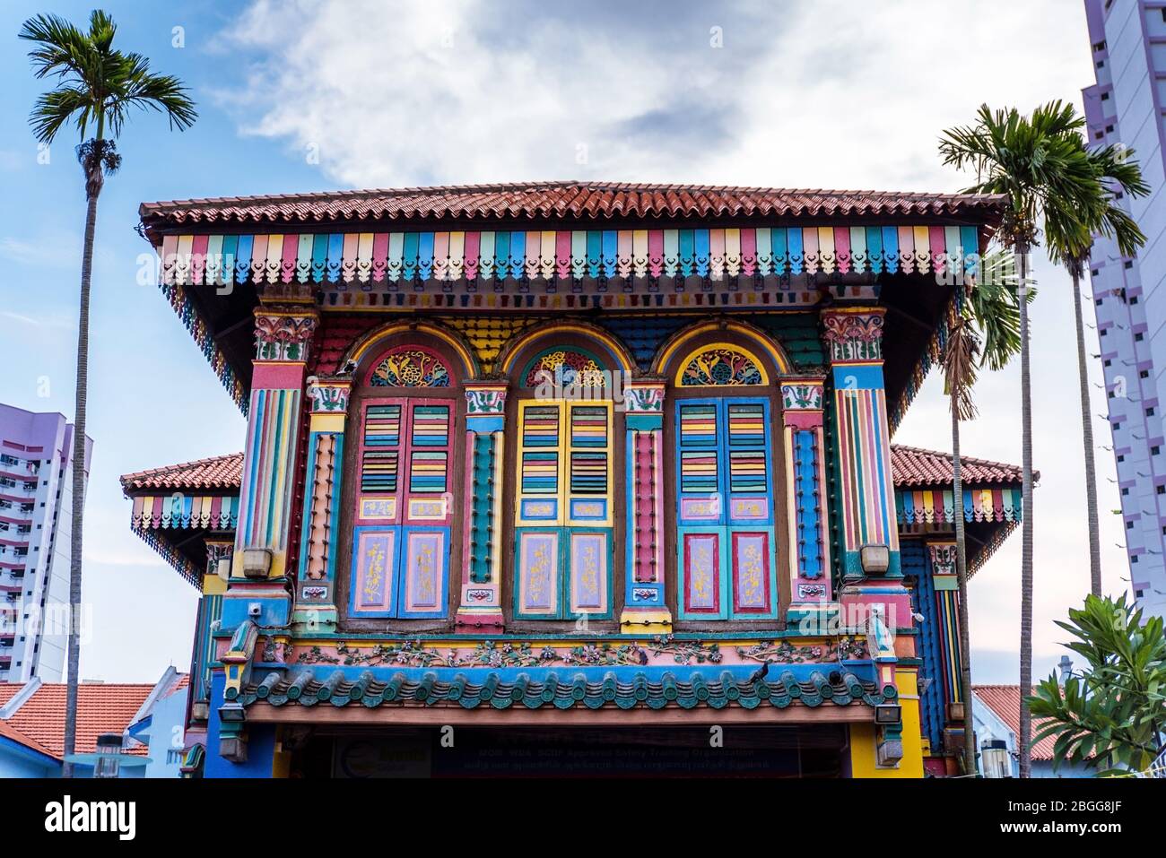 Singapore, Oct 2019: Colorful House of Tan Teng Niah against blue sky. Popular tourist spot in Little India district. 37 Kerbau Road Stock Photo