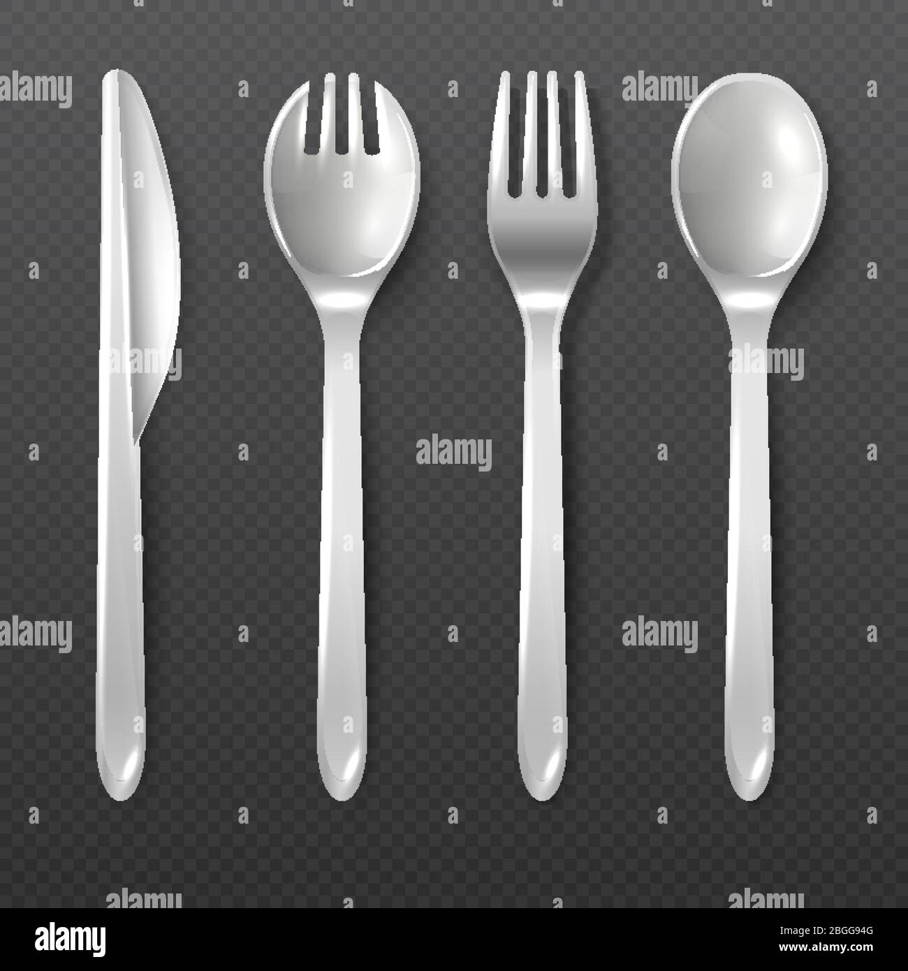 Realistic disposable white plastic spoon, fork and knife vector