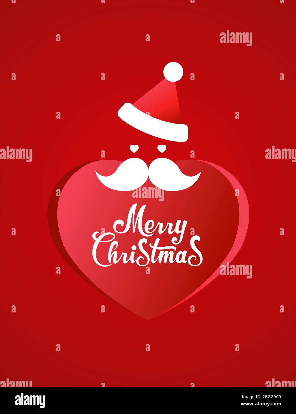 Santa Claus hat and heart shaped beard. Merry christmas title typography vector red background Stock Vector
