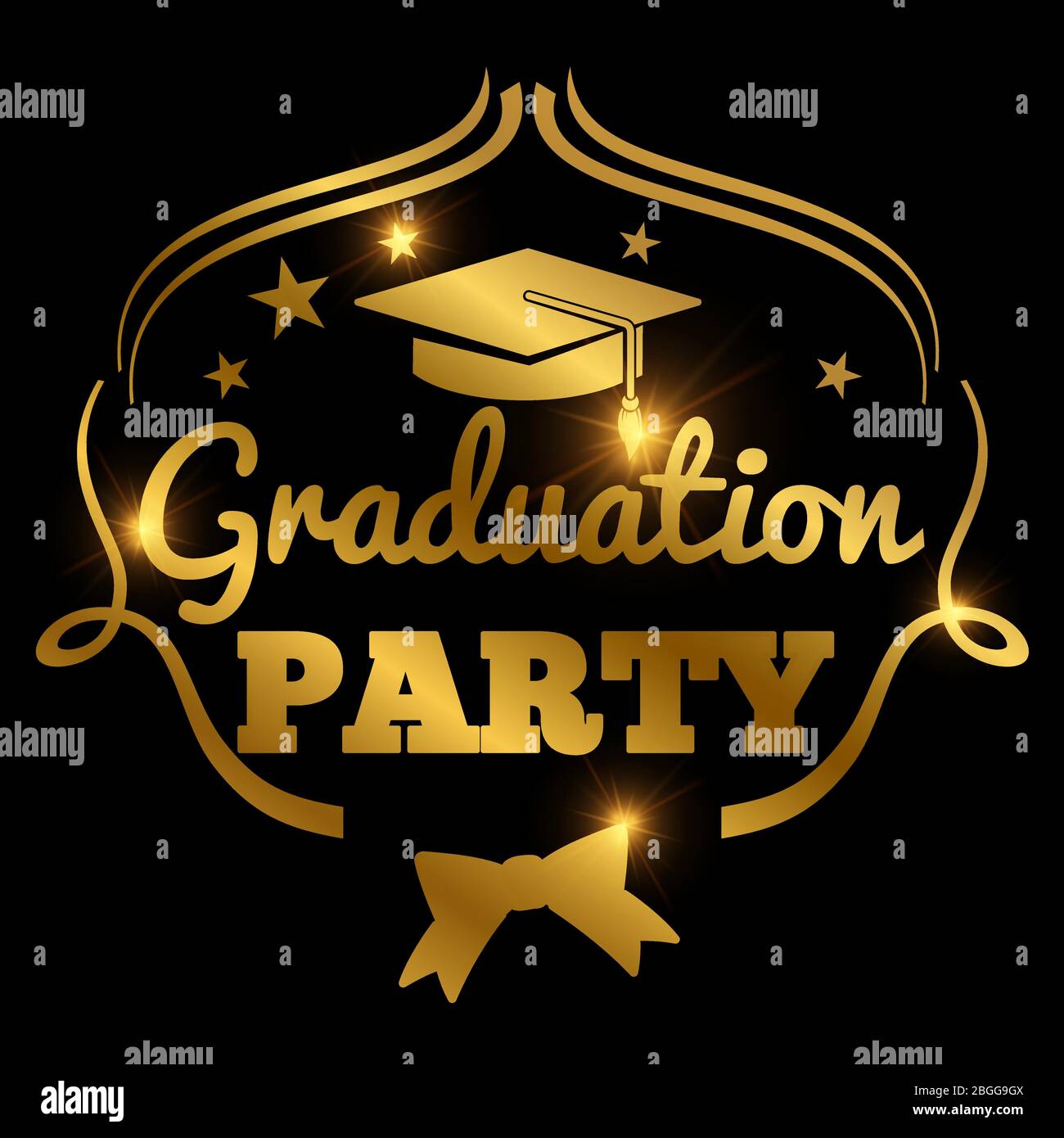 Shining golden graduation party banner background. Illustration of celebration and ceremony Stock Vector