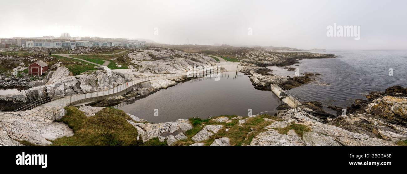 Panoramic view of Sjobadet Myklebust public sea swimming pool, early in the hazed morning, Tananger, Norway, May 2018 Stock Photo