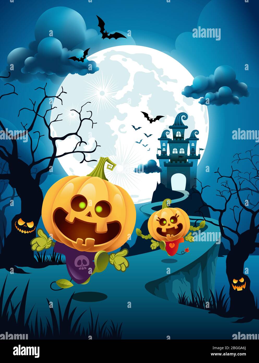 Halloween pumpkin couple with fun party and blue moon background and castle in dark forest. Stock Vector