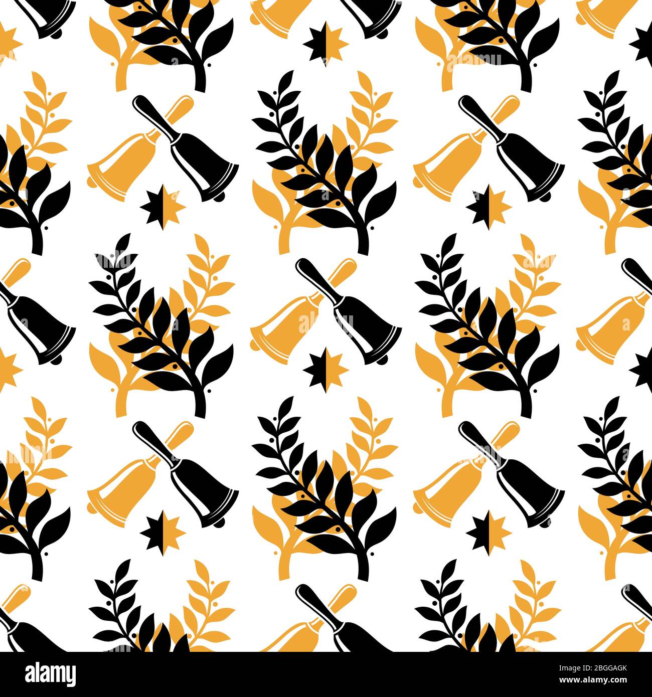 Vintage student graduate seamless pattern design. Black and golden bells and branches texture. Vector illustration Stock Vector